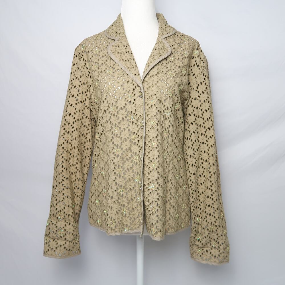 Vintage 90s Yak Magik tan crochet eyelet cutout sequin blazer jacket M